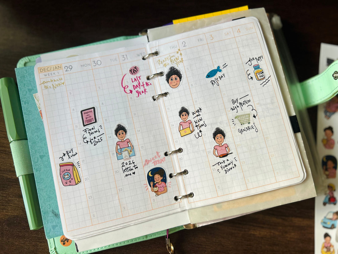 Curvy noodle planner stickers used in the Neorah a6 planner added to a Personal Saffiano Filofax