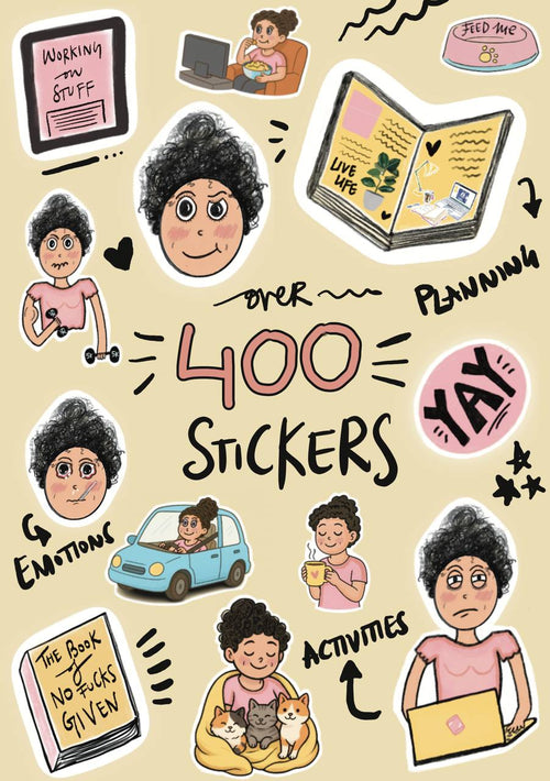 Planner stickers of a person happy, eating, angry, teary, and laughing. Planner stickers of a person smug, sick, crying, napping, baking, cutting veggies, cutting fish and a laptop