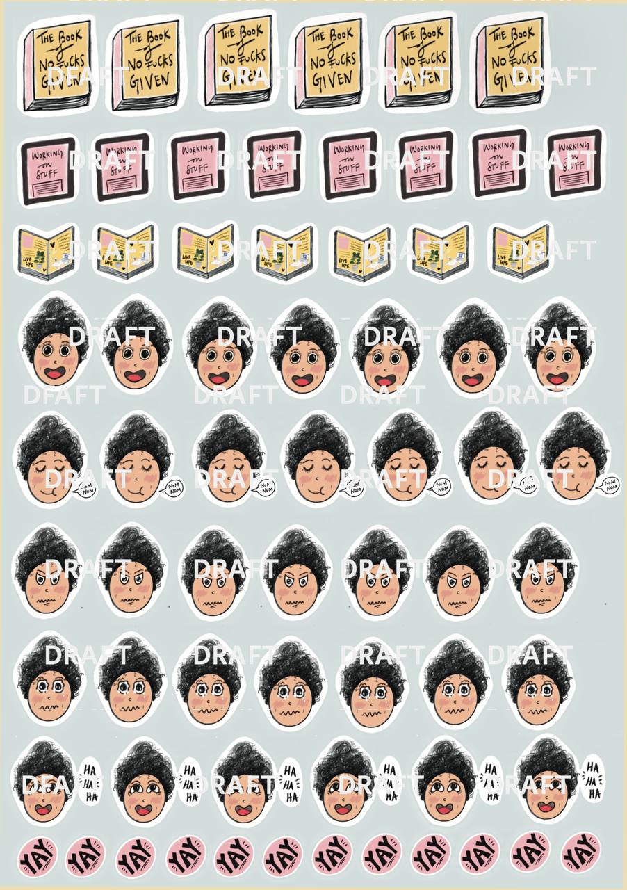 Planner stickers of a person happy, eating, angry, teary, and laughing. Planner stickers of a person smug, sick, crying, napping, baking, cutting veggies, cutting fish and a laptop
