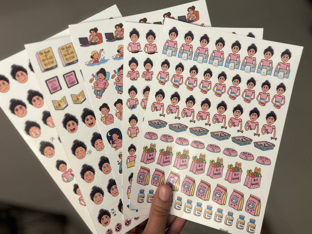 Planner stickers of a person happy, eating, angry, teary, and laughing. Planner stickers of a person smug, sick, crying, napping, baking, cutting veggies, cutting fish and a laptop